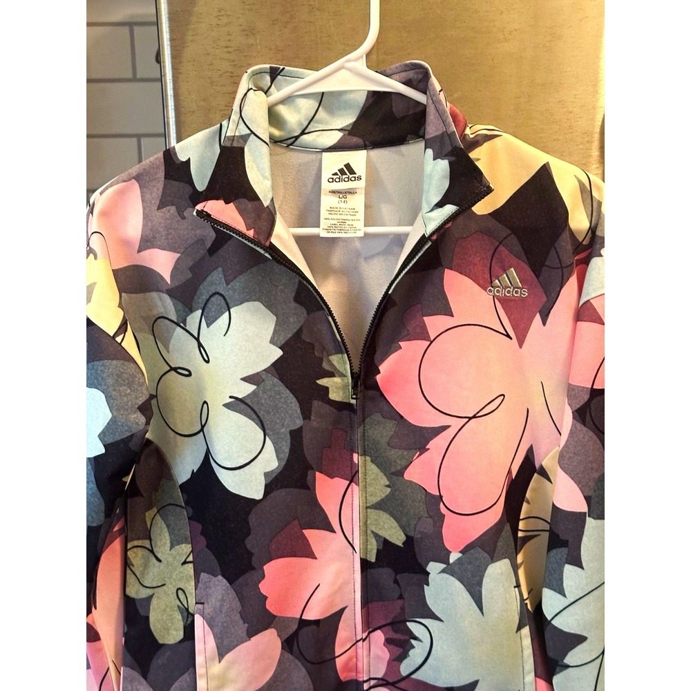 adidas Girls Floral Track Jacket Full Zip Black Multi Size L (14) AG3052Y